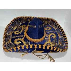 Vintage Pigal Charro Sombrero Blue Velvet Gold Embroidered Mariachi Hat XXX
